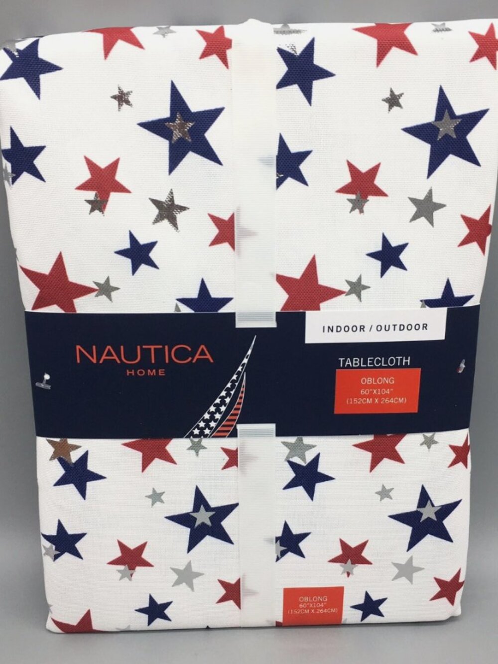 Nautica July 4th Star Tablecloth 60x104 Patriotic Silver Foil Red Blue Outdoor